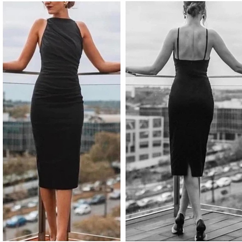 Zara NWOT square neck black ruched midi dress - Picture 10 of 13